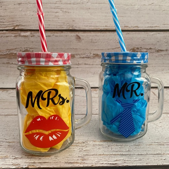 Other - 🥤New! Blue and Red Mr. & Mrs. inspired glass mugs with reusable straws. 16oz